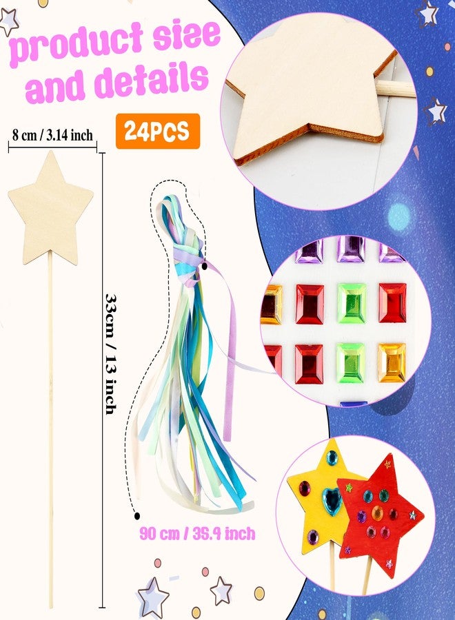 Feradny 72 Pcs Unfinished Star Princess Fairy Wands Kit Make Your Own Princess Wand DIY Art Craft Magical Wand Include 24 Star Wooden Fairy Wands 12 Gem Stickers 24 Ribbons 12 Markers for Kids Party Supplies - Image 2